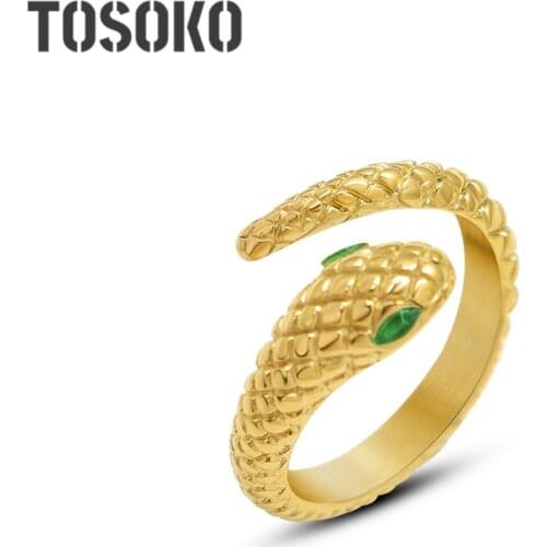 TOSOKO Stainless Steel Jewelry Rhombus Carved Snake Shaped Green Zircon Ring Womens Fashion Ring BSA238