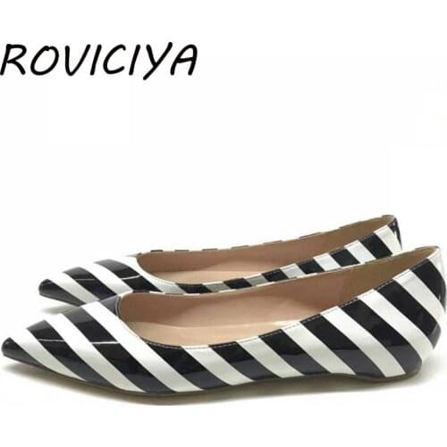 Black White Stripe Flat Patent Leather Shoes Women Sexy Pointed Toe Wedding Party Shoes QP074 ROVICIYA