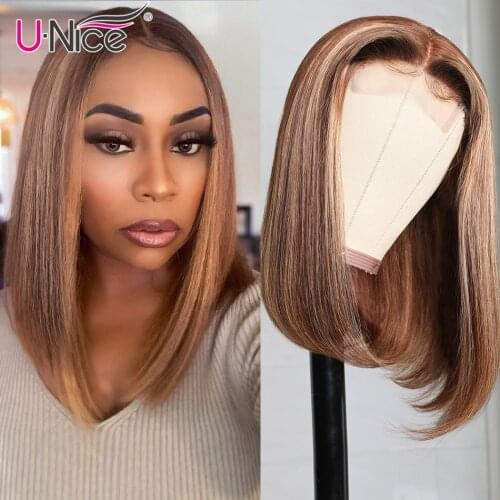 UNice Hair Short Straight Bob Wig 4x1 Lace Part Highlight Wig Human Hair Wigs for Black Women 14inch Brazilian Hair Wigs