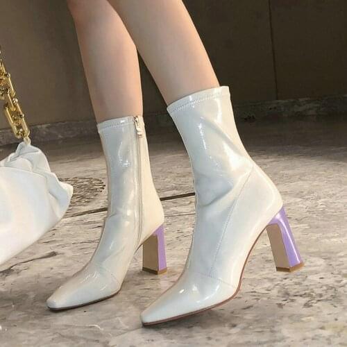 Black White Wine Red Women Ankle Boots Faux Leather Fashion Square Toe Short Boots Side Zipper Thick High Heel Womans Shoes