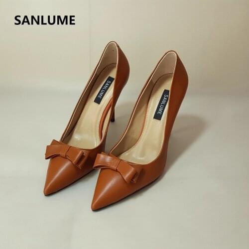 SANLUME Handmade Tire cowhide Summer Caramel color 9.5 CM High heels office shoes women Pumps mujer Elegant style Comfortable s