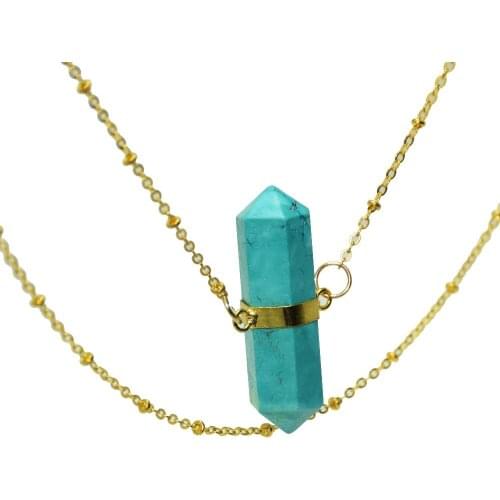 1pc Natural Marble Gem Stone Necklace Gold Bezel Jewelry girl Necklace Faceted Green Howlite hexagonal connector chain Necklace