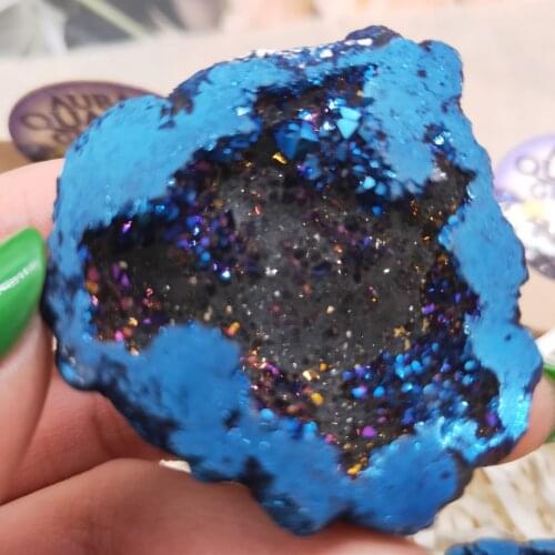 1pcs Natural Aura Agate Geode Crystal Hole Mineral Specimen Contains Clean Clusters Electro Plating Titanium Coating