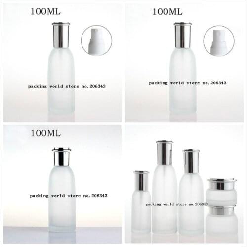 100ml frosted glass bottle with pump silver lid for lotion/emulsion/serum/foundation/toner/water/sprayer cosmetic packing