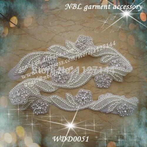 20 yards) Wholesale iron on bridal beaded applique rhinestone pearl trim for wedding dress garment sash WDD0051