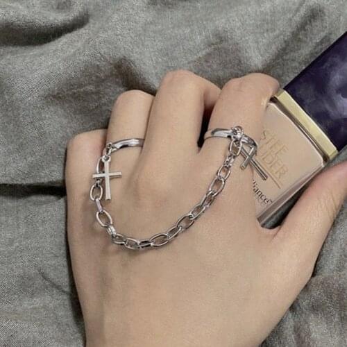 2021 Retro Punk Hip Hop Cross Ring Finger Chain Adjustable Two Link Ring Jewelry Gift Mens Womens Gothic Jewelry Rings