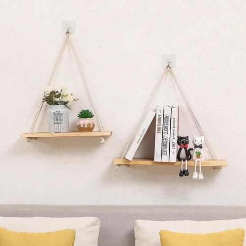 Wood Swing Hanging Rope Wall Hanging Flowers Pot Tray Mounted Floating Shelves For Home Decor Knotted Rope Garden Plant Hanger
