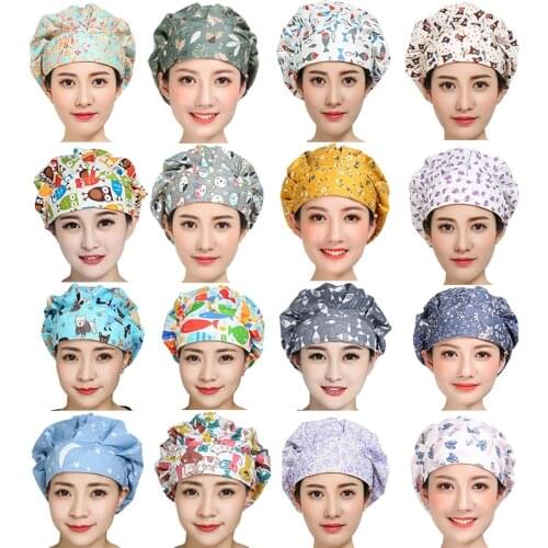 Bouffant Scrubs Hats Women Printed Cotton Sweatband Adjustable Cap Reuseable Head Cover Gorra Hombre Washable Work Wear