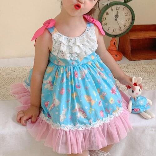 Baby girl summer vintage Spanish lolita strap printed dress kids bow lace stitching ball gown party dress
