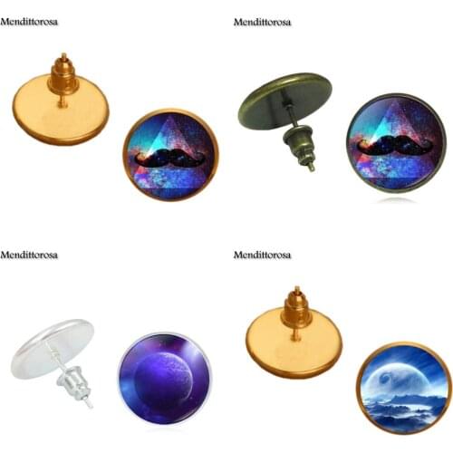 Mendittorosa Purple Nebula Space Universe Glass Cabochon Bronze/Silver/Golden Clip Ear Hook Stud Earrings Jewelry For Women