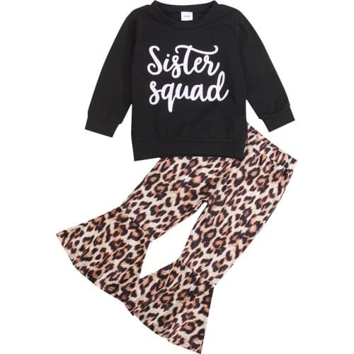 2021 Spring And Fall Girls Casual Two-piece Clothes Set, Black Round Collar Pullover and Leopard Printed Pattern Flared Pants