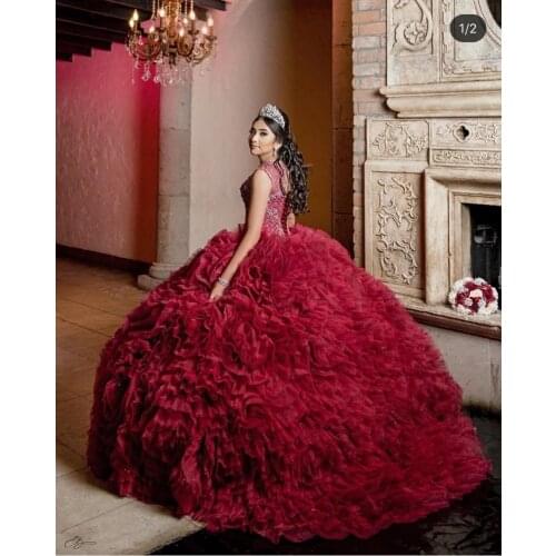 Luxury Burgundy Quinceanera Dresses Beading Crystal Scoop Sweet 16 Dress Tulle Tiered Skirt Mexican vestidos de xv años
