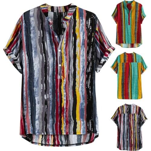 Fashion Mens Shirts Summer Stand-up Collar Printed Cotton And Linen Short-sleeved Shirt Beach Flower Leisure Shirt 2021 New