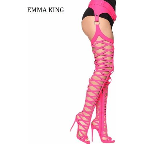 Cut-out Waist Buckle Strap Gladiator Sandals Boot Womens Stiletto Over The Knee Thigh High Boot Peep Toe Female Botines Mujer