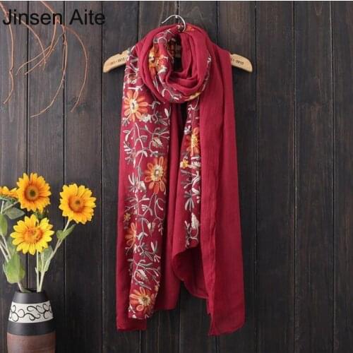 Jinsen Aite New Cotton Linen Nation Style Embroidery Scarf for Women Fashion Vintage Print Scarves Shawl Echarpe Bufandas JS213