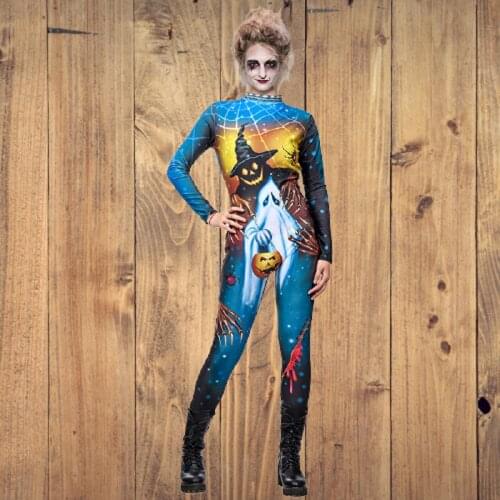 Halloween Scary Costumes 2021 New Terror Evil Ghost Pumpkin Lantern Printing Slim Jumpsuits Fashion Horror Performance Clothing