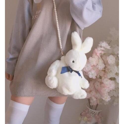 Lolita Girl Soft Girl Butterfly-knotted Rabbit Single Shoulder Pack Cute Furry Rabbit Pearl Chain Slant Bag AL1023