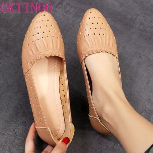 GKTINOO Women Hollow Flat Shoes Casual Loafers Female Fashion Moccasins Slip On Breathable Comfort Genuine Leather Ladies Shoes