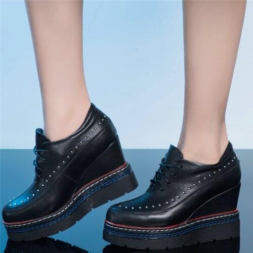 Rivets Shoes Women Genuine Leather High Heel Ankle Boots Female Round Toe Fashion Sneakers Casual Shoes Platform Oxfords Shoes