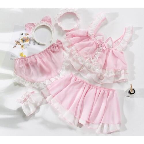 Japanese Lolita Cute Cat Girl Sexy Maid Uniform Transparent Lingerie School Womens Devil Cosplay Costumes Anime Underwear Set