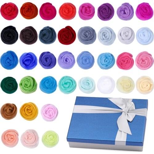 LMDZ 38 Colors Wool Roving Fiber Wool Yarn Organza Needle Felt Wool 3g/5g/10g/color Wool Felt Tools Set with Blue Gift Box