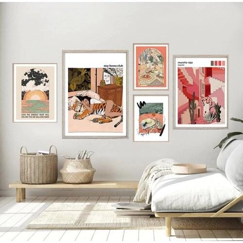 Wonderful Tiger and Woman Posters And Prints Tarot Sun Moon Beach Canvas Painting Vintage Wall Art Picture Nordic Home Decor