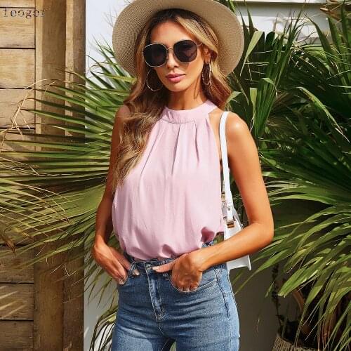 FEOGOR Womens blouse FEOGOR 2021 summer new casual womens half-high collar sleeveless solid color slim stitching T-shirt top