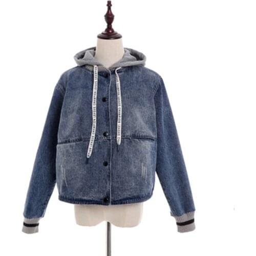 PERHAPS U Women Short Cropped Denim Blue Jacket Button Front Long Sleeves Jean Jackets For Women Hooded Pocket Loose C0008