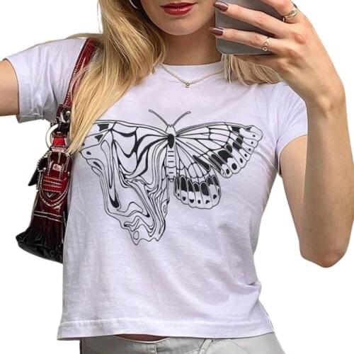 Women Summer Casual T-shirt Adults Butterfly Print Short Sleeve Round Neck Pullover