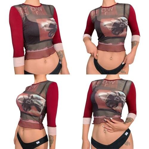 2021 Y2K Women’s Casual Trendy Half Sleeve T-shirt Fashion Printing Mesh Yarn Perspective Exposed Navel Tops Tanks