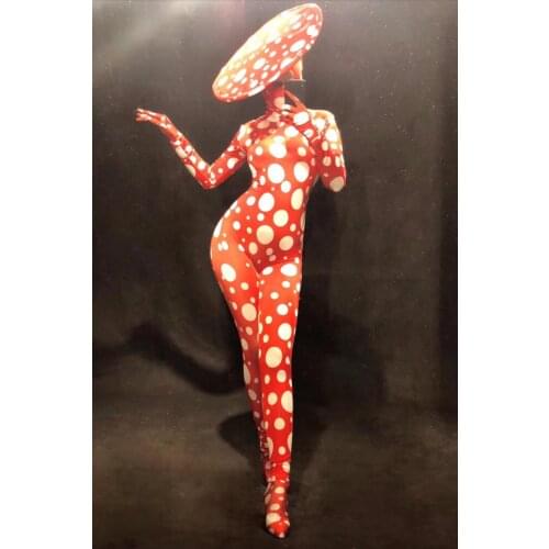 Women Lady Sexy Stage Dance Wear Red Dj Gogo Jumpsuit 3D Printed White Big Dot Bodysuit Party Celebrate Show Dancer Costumes