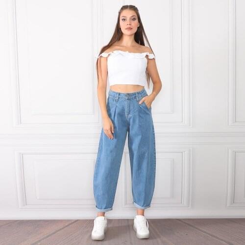 Women, Jeans, High Waist, Balloon, Wide Leg, Blue, Full Length, Solid Color, Cotton Denim Trousers, 2021 Spring Summer