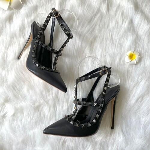 TOMONYE new desigher black leather pointed toe two straps with silver stud women lady girl extra big size45 high heel shoes pump