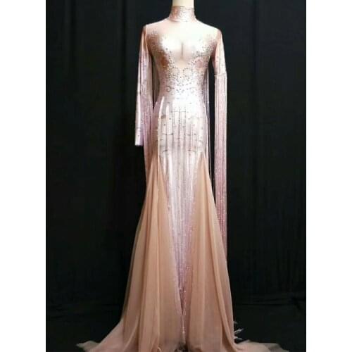 Long Sleeve Pink Shining Diamond Dress Tassel Mermaid Tailing Dress Women Singer Show Costume Prom Party Birthday Celebrate Wear