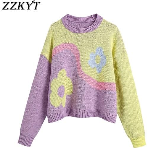 ZZKYT 2021 Women Autumn Vintage Floral Pullover Sweater Fashion Sweet O-Neck Long Sleeve Female Casual Chic Tops Vestidos Mujer