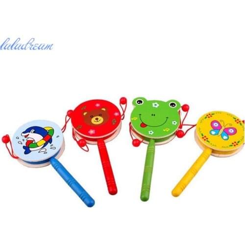1pc Cartoon Drum-shaped Rattle Children Musical Toy Cute Animal Handbells Wooden Musical Instrument