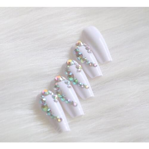 24pcs latest candy long ballet handmade crystal diamond fake nails sexy white