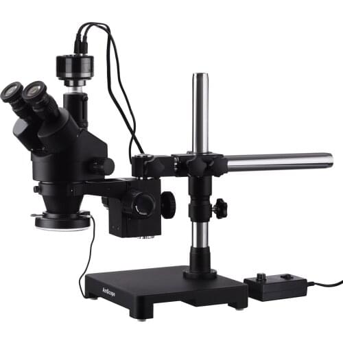 7X-45X Black Trinocular Stereo Zoom Microscope on Single Arm Boom Stand + 144 Direction Adjustable LED Ring Light & HD Recording