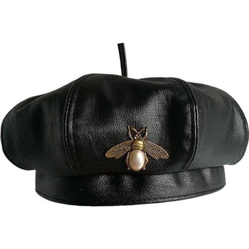Vintage Brand Bee Brand Fashion Black Pu Leather Beret Hat Women Cap Female Ladies Beanie Beret Girls for Spring and Autumn