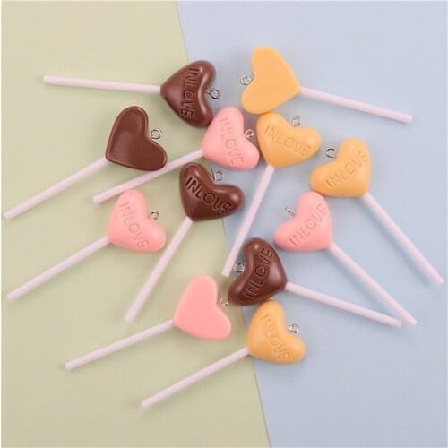 Julie Wang 10PCS Resin Heart Lollipop Charms With Nail Letters IN LOVE Lollipop Artificial Food Pendant Jewelry Making Accessory