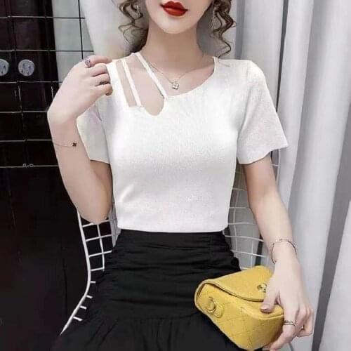 Ice Silk Short Sleeve T-Shirt Womens Slim Summer Wear 2021 New Design Sense Public Clavicle Thin Knitted Top