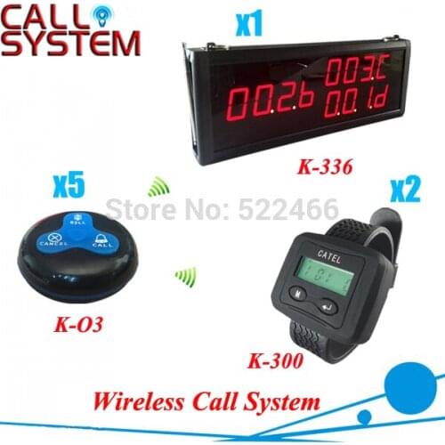 Guest Paging System for restaurant services with one set of 1 display + 2 watches and 5 table buttons, shipping free