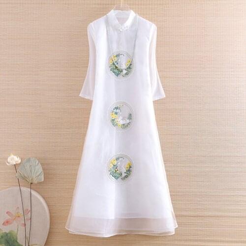 High-end Spring Summer Organza Women Cheongsam Dress Retro Elegant Embroidery Floral A-line Lady Party Qiapao Dress S-XXL