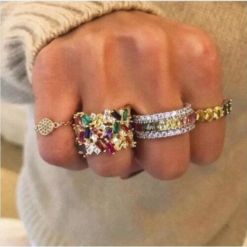 GOLD color Exquisite Shinny Rainbow Ring Korean New 3 Rows Colorful Cubic Zircon Women Finger Wedding Jewelry Ring Size 6# 7# 8