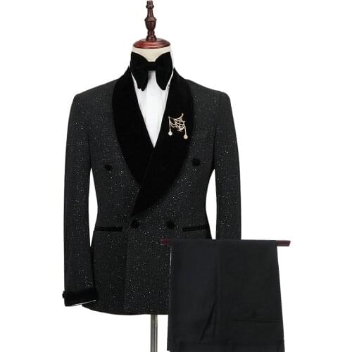 JELTONEWIN Double Breasted Shinny Black Formal Men Suits Velvet Lapel Groom Wear Slim Fit Male Party Dinner Dress Wedding Tuxedo