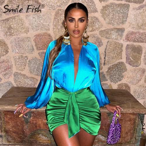 Sexy Deep V-neck Satin Two Piece Sets Women Long Sleeve Tops Mini Skirt Suit Matching Set Birthday Party Wear Club Y2K M0578