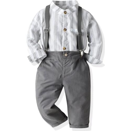 Fashion Boys Clothing Sets Kids Gentleman Suit Long Sleeve Cotton Plaid Shirt Tops+Overalls Clothes Outfits Sets 1-7Y