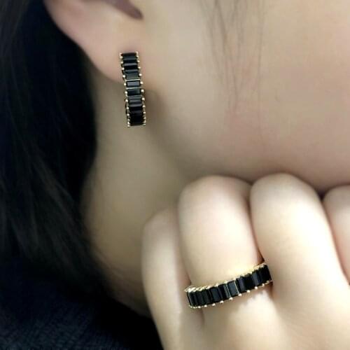 Charm Black Cubic Zircon Round Hoop Earrings Finger Ring Luxury Punk Jewelry Sets Gold Color Women Party Gothic Fashion Set 2020