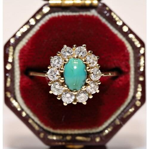 Vintage Original 14k Gold Natural Diamond And Turquoise Decorated Pretty Ring