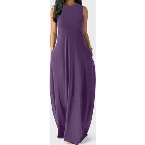 Elegant womens Dress Sleeveless Solid Vintage O-neck Loose Maxi Dresses Casual Plus Size Vest Plain Long Dress With Pockets